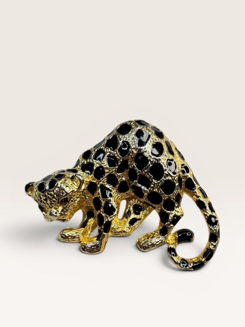 Park Lane 1980s Black Enamel Gold Tone Leopard Brooch Figural Vintage
